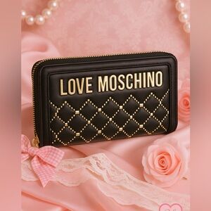 Love Moschino Black Quilted Studded Zip-Around Wallet Gold Hardware NWT